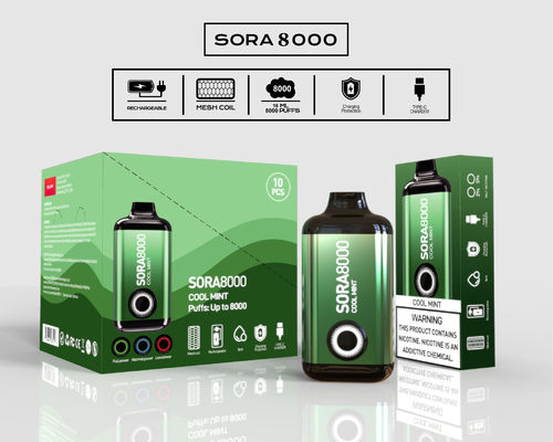 14 ml di succo di frutta pre-riempito 0 mg/20 mg/50 mg Scatola usa e getta grande puff Vape Sora 8000 puffs