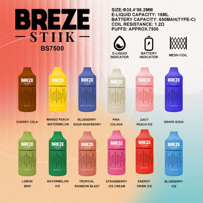 BREZE STIIK BS7500 Vapore usa e getta Grande puff 16ml Succo di frutta pre-riempito Batteria da 650mAh